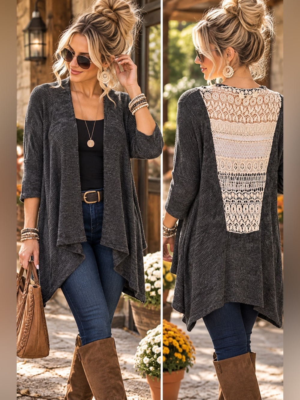 Umgee USA S/M Charcoal Gray Open Front Cardigan Crochet Lace Back Boho